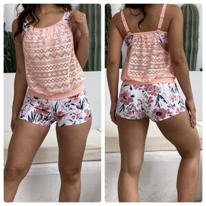 Pink Flower Print Mesh Tankini Set